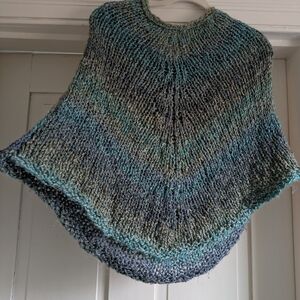 Handknitted Poncho- Very Soft w/ Muted Blue & Green Shades- OS
